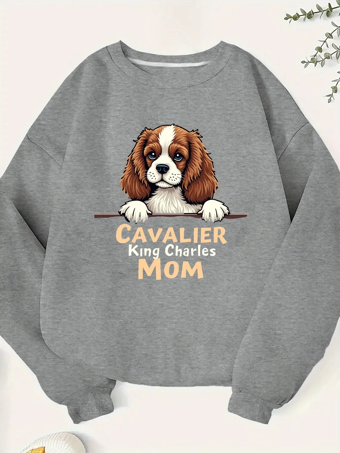Women's Plus Size Camisole King Charles Spaniel-Black, Round Collar and Long Sleeve for Autumn/winter, Machine Washable