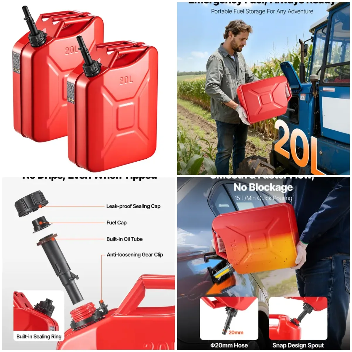 حاوية وقود معدنية سعة 5.3 جالون، باللون الأحمر، مع صنبور ومقبض، 6 لتر/دقيقة، مانعة للتسرب، لسيارة دراجة نارية ATV UTV، عبوتان #1