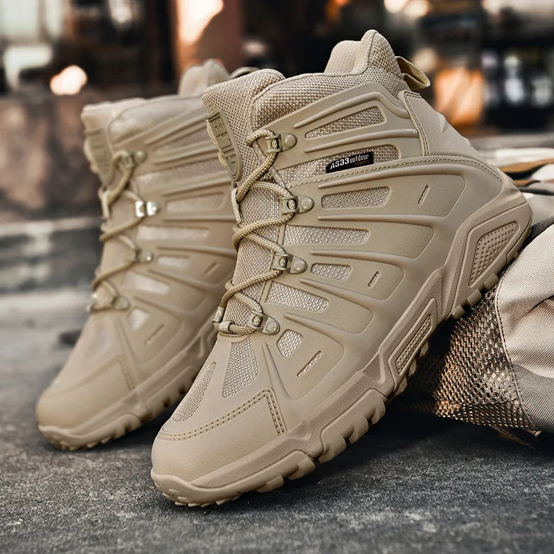 Men's Military Tactical Boots Mesh Breathable Casual Boot Outdoor Non Slip Hiking Boots Lace Up High-top Shoes Desert Ankle Boot