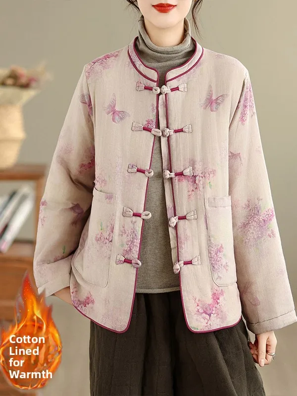 

Retro Chinese Sle Printed Cotton Jaet Women's Winter New Faionable Casual Versatile Outerwear Warm with Button Detail