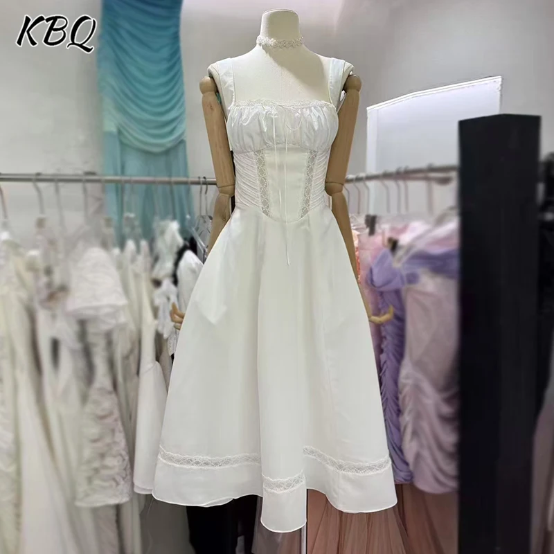 

KBQ Temperament Solid Spliced Lace A Line Skirts for Women Square Collar Sleeveless High Waist Elegant Skirt Female Fashion New