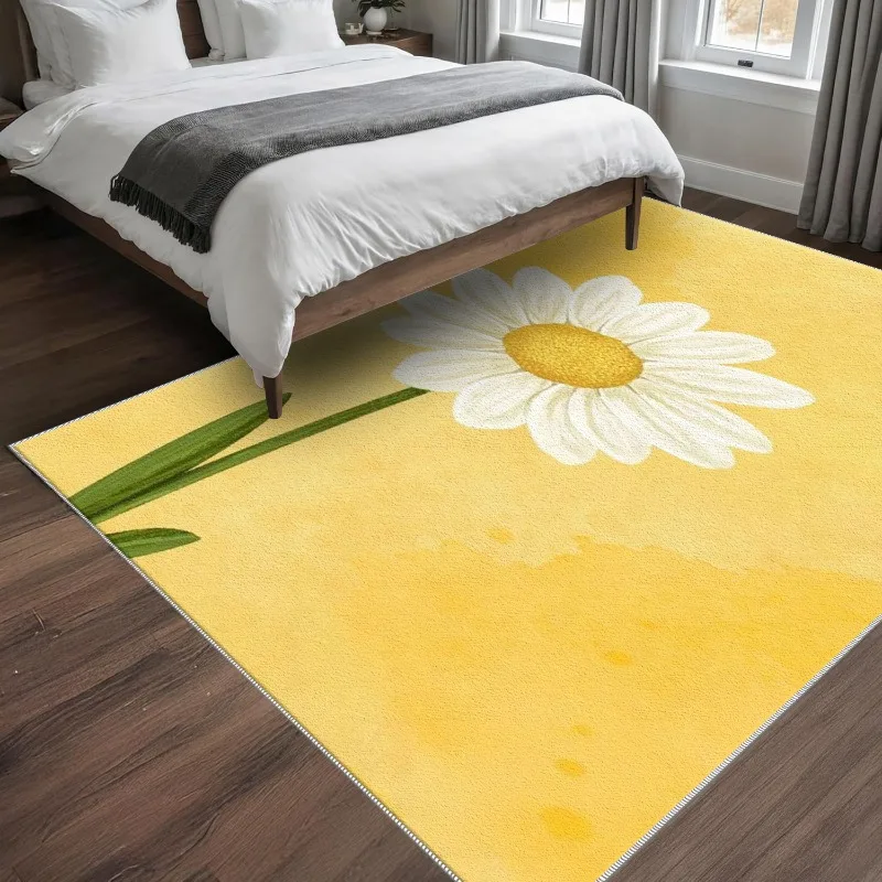 VIKAMA Daisy Floral Area Rug Bright Yellow Background White Big Chamomile Flower Print Non‑Slip Washable Living Room Home Floor