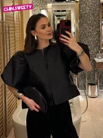 Round Neck Satin Solid Short Blouse Women Elegant Button Puff Short Sleeve New Fashion Shirt Chic Lady Street Shirts 2026 New