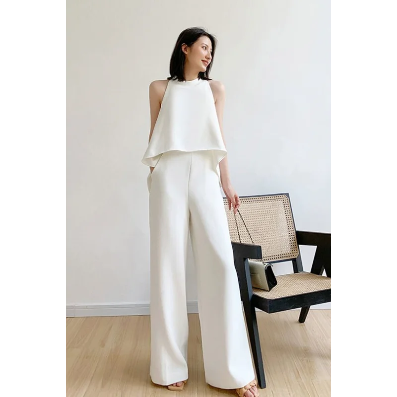 Witte jumpsuit voor dames zomer nieuw ontwerp hoge taille temperament chiffon wijde pijpen