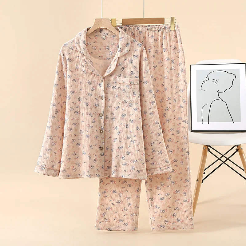 

Japanese Style Women's Cute Cotton Gauze Pajama Set Spring/Fall Long Sleeve Loungewear Outfit Sweet Home Clothes Wear Outside