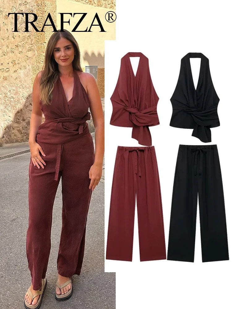 TRAFZA 2024 Female Trouser Set V-Neck Backless Halter Neck Camis Top + Elastic Waist Casual Lace-Up Woman Wide Leg Long Pant