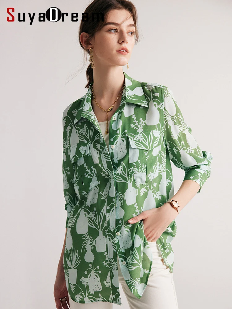 SuyaDream Women Floral Shirts  100%Silk Crepe Long Sleeves Chest Pockets Chic Blouses 2023 Fall Winter Office Lady Top Green