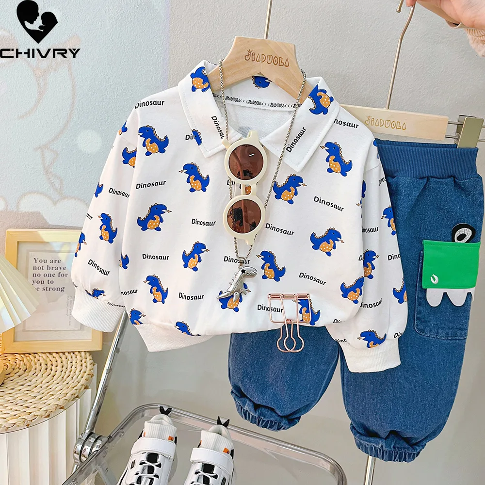 

New 2023 Baby Boys Spring Autumn Fashion Cartoon Dinosaur Letter Lapel Sweatshirt with Denim Pants Boys Casual Clothing Sets