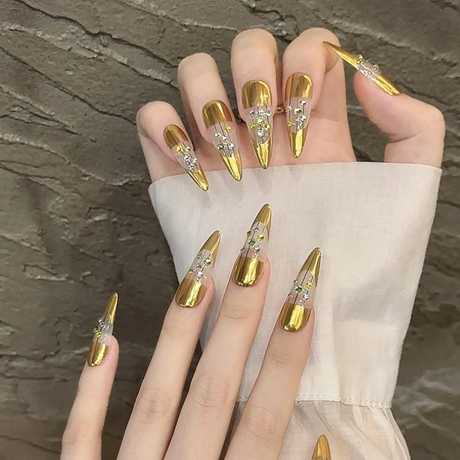 Uñas postizas doradas de Punta francesa, uñas postizas hechas a mano con diamantes de imitación brillantes, decoración, Stiletto largo de almendra, usable, 10 piezas