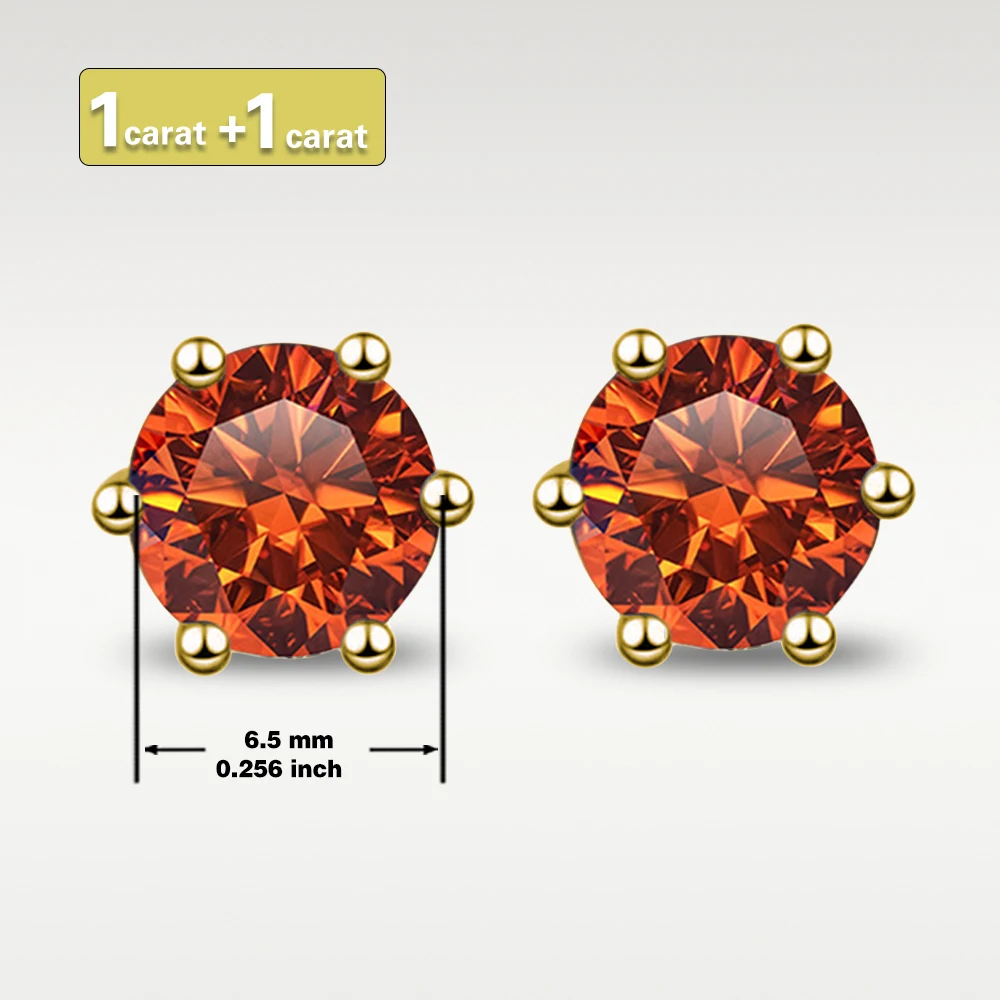 GRA 6.5mm/1ct Certified S925 sterling silver six-prong stud earrings Round Orange red Moissanite earrings for women fine jewelry