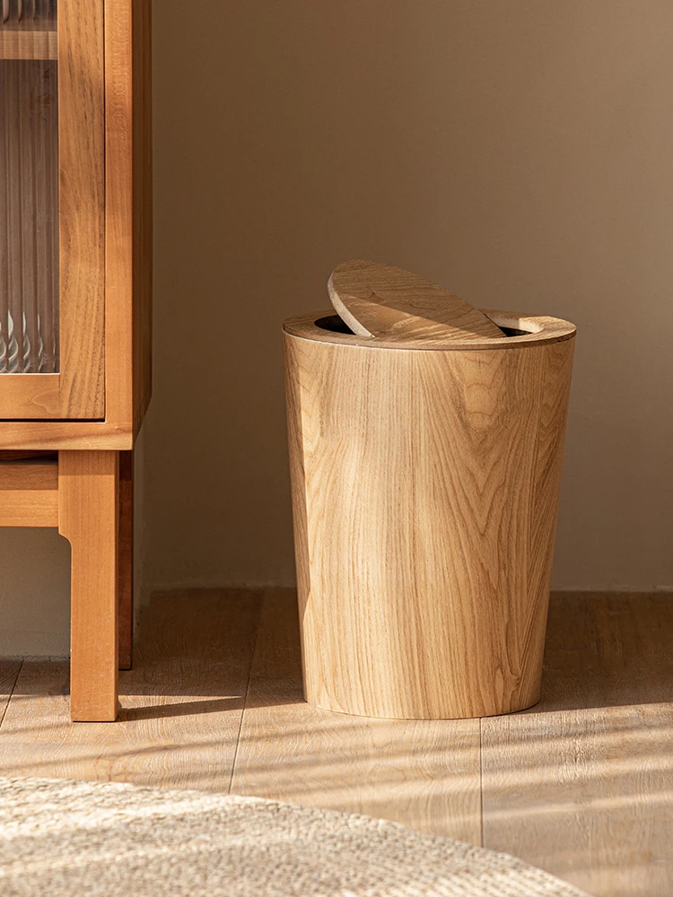 Wooden Wastebasket Minimalist Trash Bin Creative Garbage Bin Nordic Waste Storage Living Room Bedroom with Lid Flip Paper Basket
