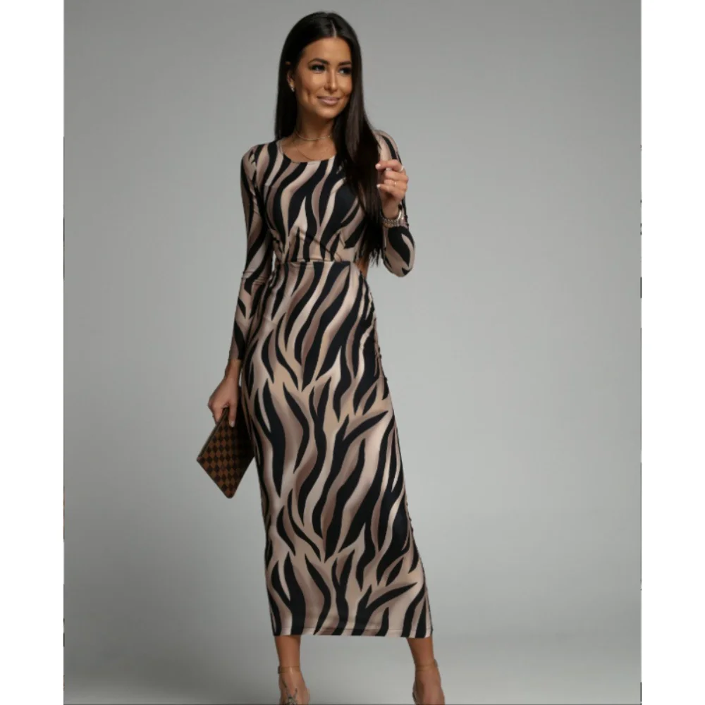 Figurbetontes Kleid für Damen, sexy, hohl, langärmelig, modisch, O-Ausschnitt, hohe Streeet-lange Vestidos, 2025, Party-Abendkleider, Onkogene