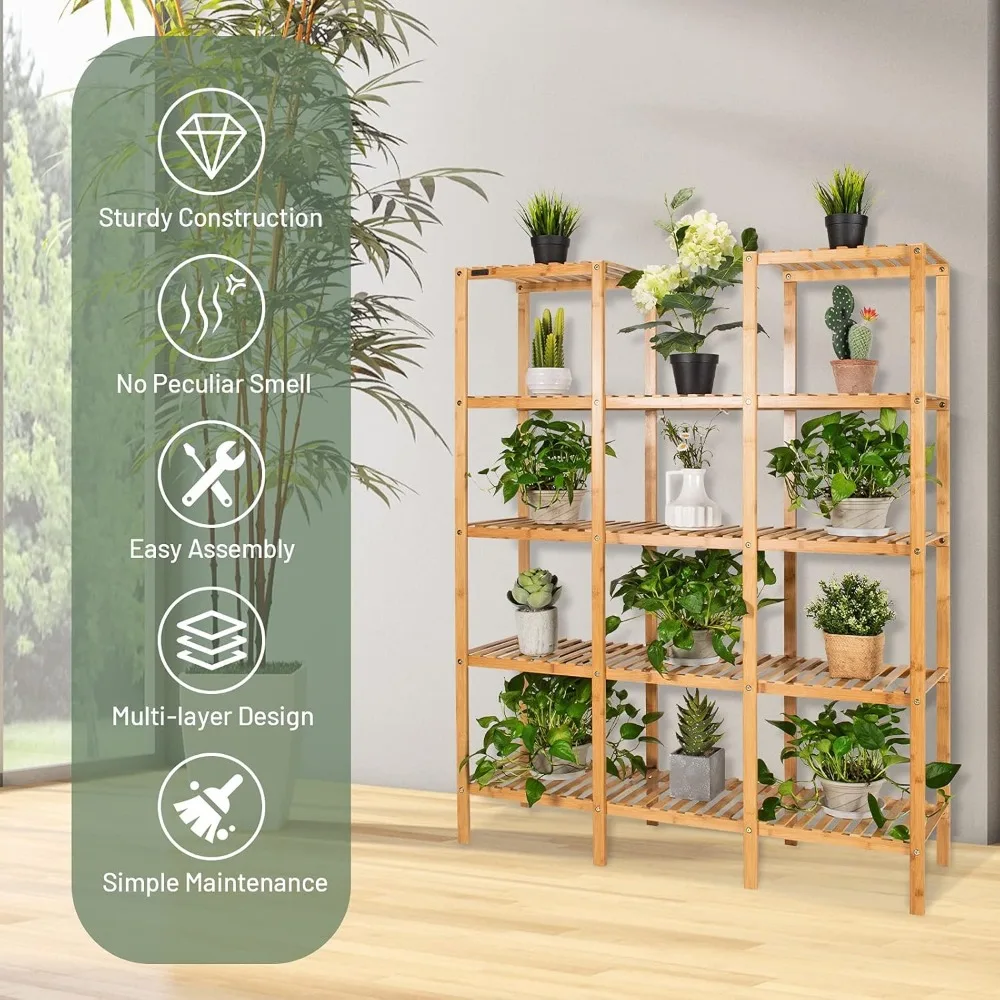 Soporte para plantas de interior, organizador de exhibición de plantas de bambú de 5 niveles con soporte para múltiples plantas, estante para plantas al aire libre