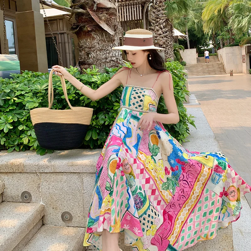 Platycodon French Sweet Slimming Beach Vacation Tummy-Hiding Age-Reducing Printed Oil Painting Style Spaghetti Strap Dress