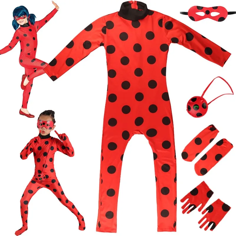 Ladybug Reddy Costume Cosplay tuta rossa Anime con borsa per maschera per gli occhi set completo uniforme bambini ragazze Halloween Carnival Party Suits