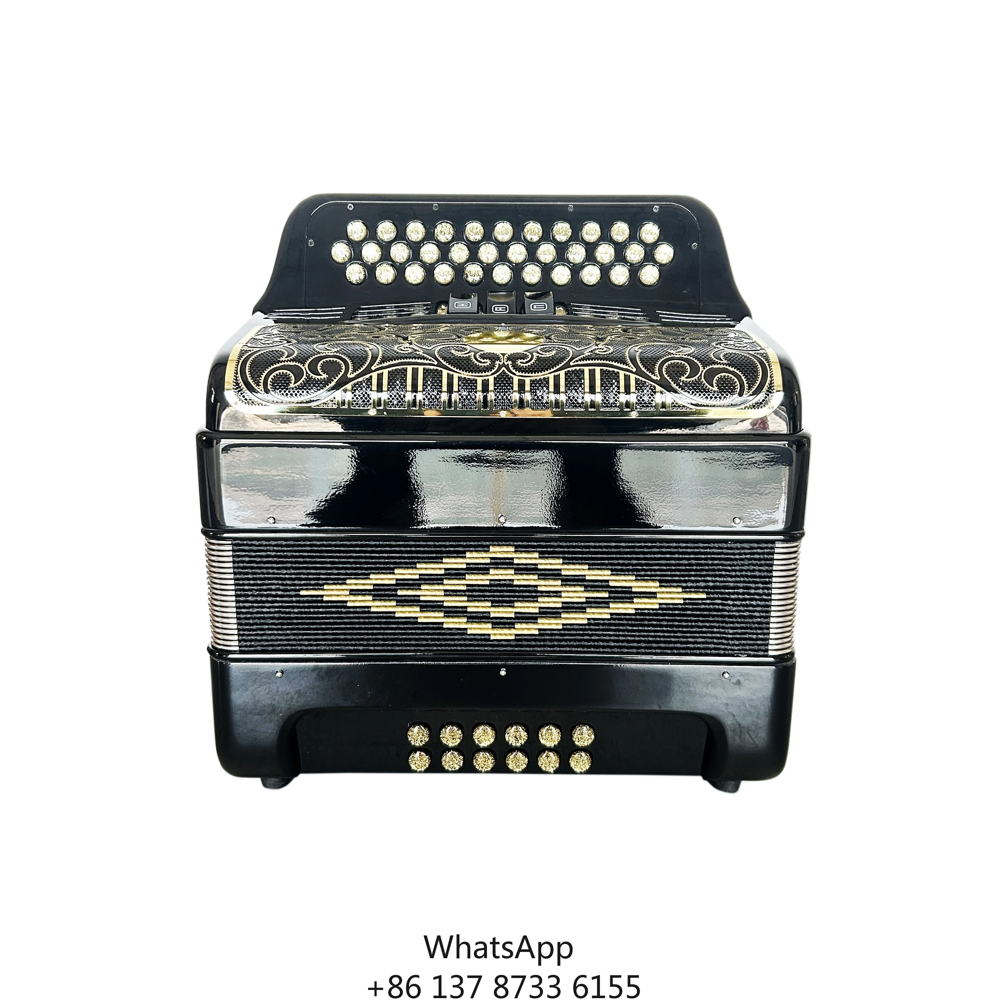 

Diatonic Accordion 34-Button 12-Bass 3-Registers Bright Black With Gold Buttons And Grill Musical JB3412C Acordeon