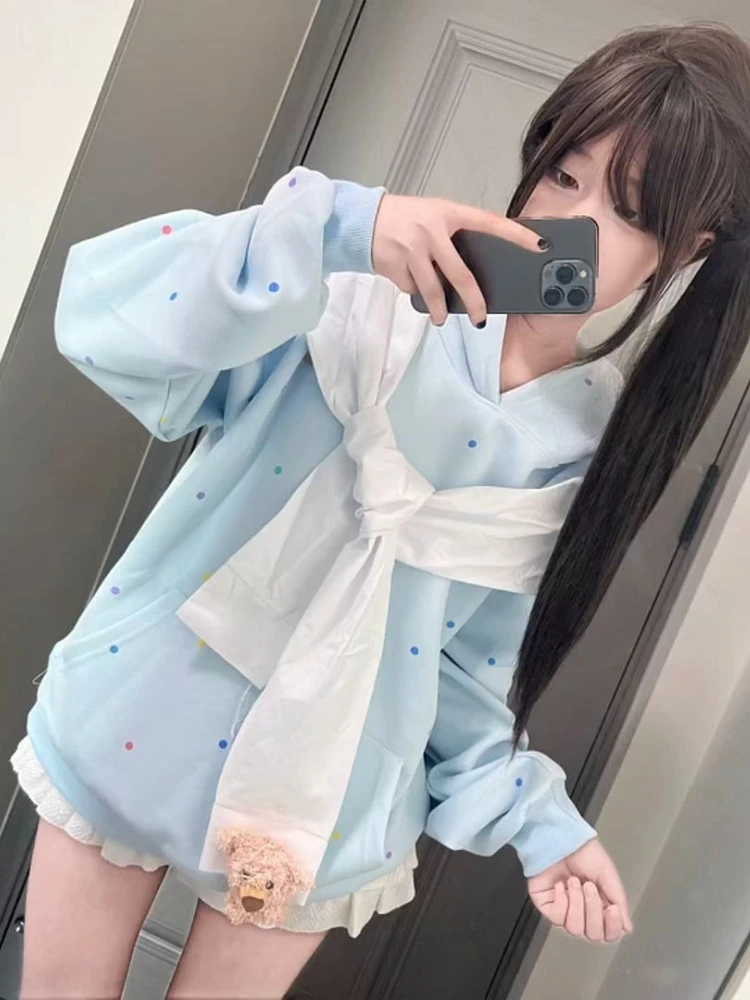 

2022, женские толстовки в горошек в консервативном стиле, повседневная толстовка в стиле Харадзюку с вышивкой букв Y2k, эстетические осенние толстовки с карманами в стиле гранж