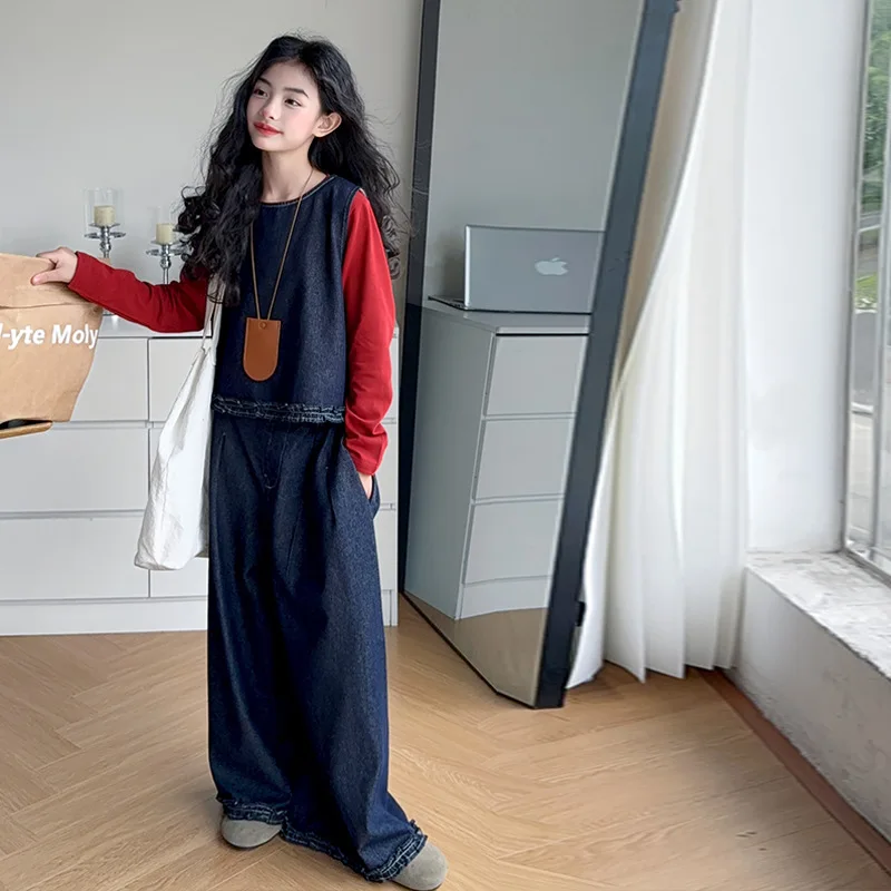 

2025 Autumn School Girls 3pcs Outift Solid Long Sleeves Undershirt+Denim Vest+Elastic Waist Wide Leg Jean Teenager Girls Suits