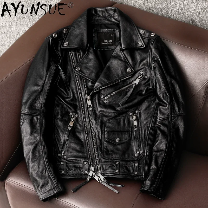 

AYUNSUE 2021 Motorcycle Leather Jacket Men Real Cow Leather Coat High Quality Vintage Mens Jackets Blouson Cuir Homme KJ6770