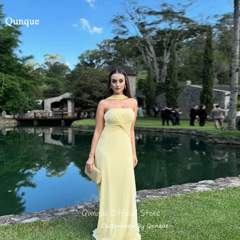 

Qunque Graceful Strapless Ribbons Maxi Evening Dresses A Line Pleated Chiffon Prom Dress Pale Yellow Robes De Soirée Customized
