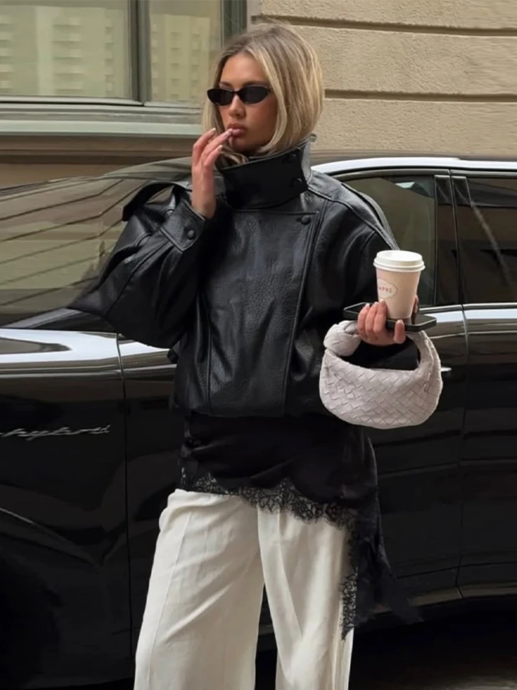 

Faux Leather Women's Jacket Fashion Casual Long Sleeve Zipper Pockets Female Coat Spring New Collection 2026 Outdoor Clothing