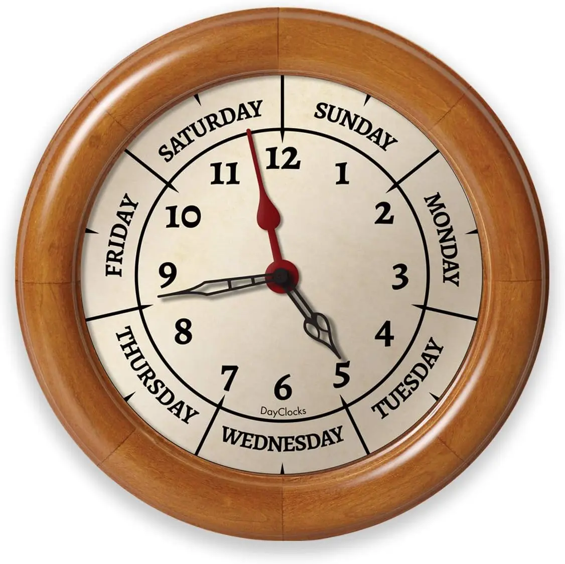 

Настенные часы Time & Week-Day с каркасом из массива дерева — Еженедельные аналоговые часы с днем, часами и минутами — Тихие настенные часы — I