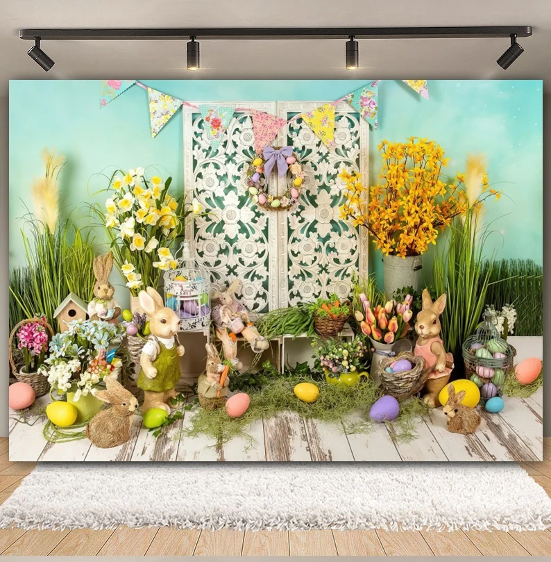 Wesołych Świąt Wielkanocnych Tło Do Fotografii Deska Drewniana Zielona Trawa Królik Królik Jajka Baby Shower Tło Dekoracja Studio Fotograficzne Rekwizyty