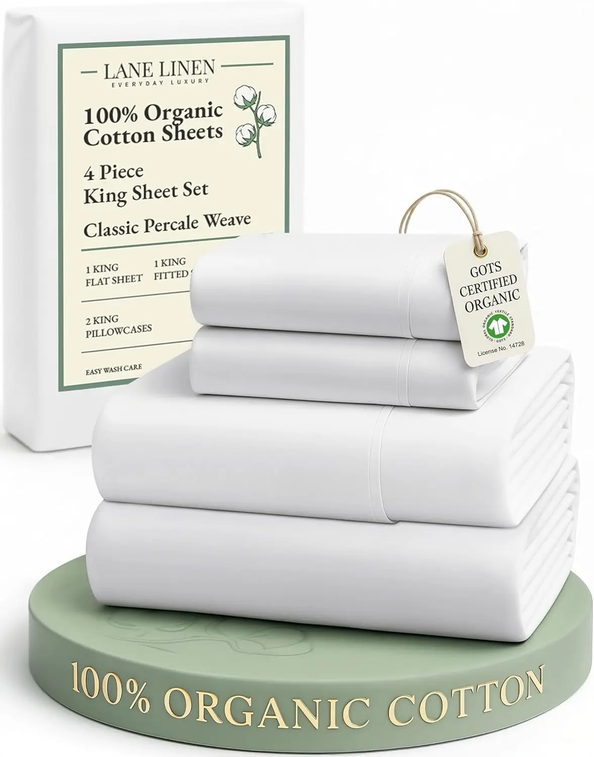 King Size Organic Cotton Sheets Set, Soft & Breathable Percale Weave, All Season Cooling White Bed Sheets