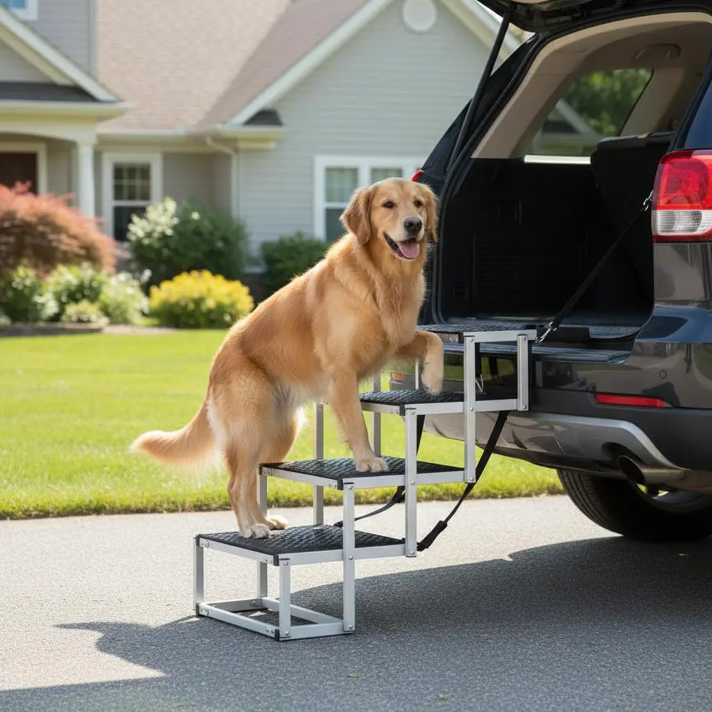 

Лестница для собак в автомобиль, широкая 4-ступенчатая лестница для собак, складной автомобильный пандус для собак с нескользящей поверхностью, портативные легкие алюминиевые ступеньки для домашних животных
