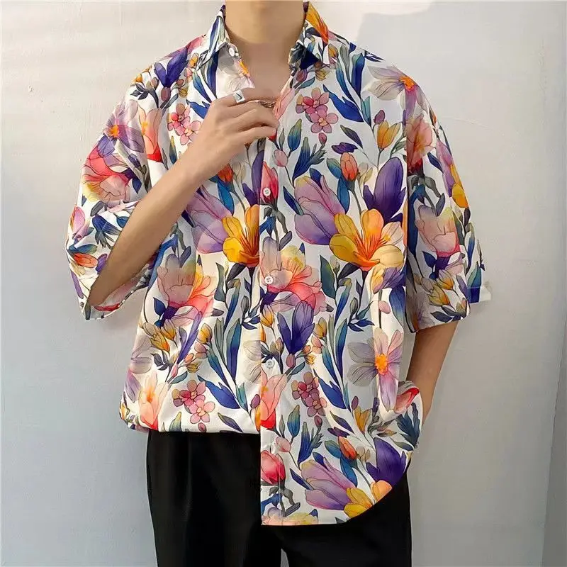 Blusa de manga corta holgada para Hombre, Ropa deportiva informal con botones estampados, estilo fino, Harajuku, elegante y a la moda