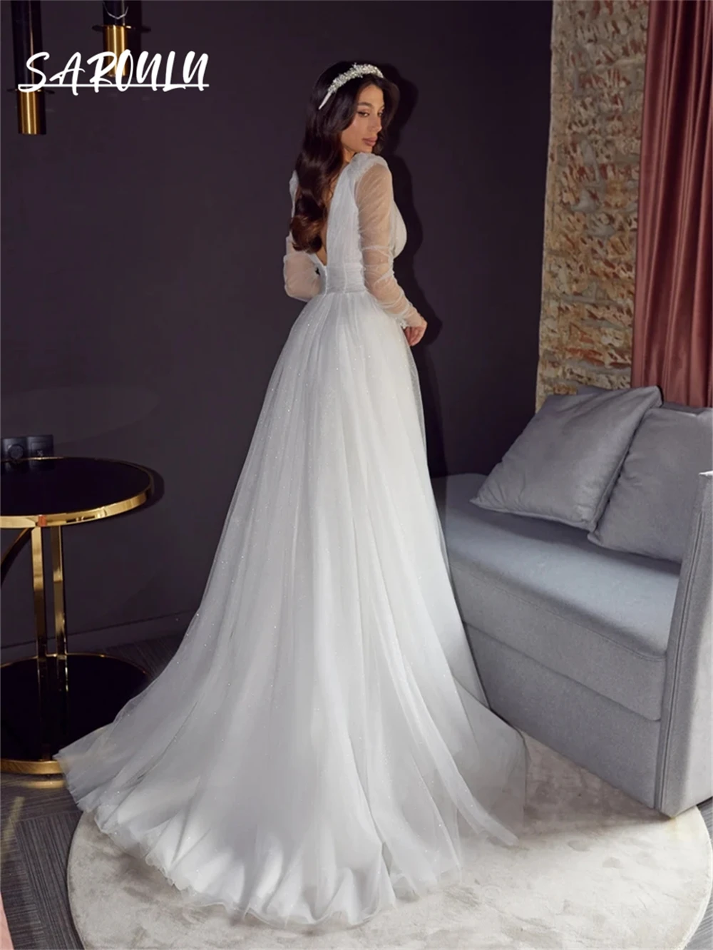 فستان زفاف من التول على شكل حرف A فساتين عروس أنيقة وساحرة، فستان زفاف بسيط على شكل حرف V، أناقة مكررة، فستان زفاف #2