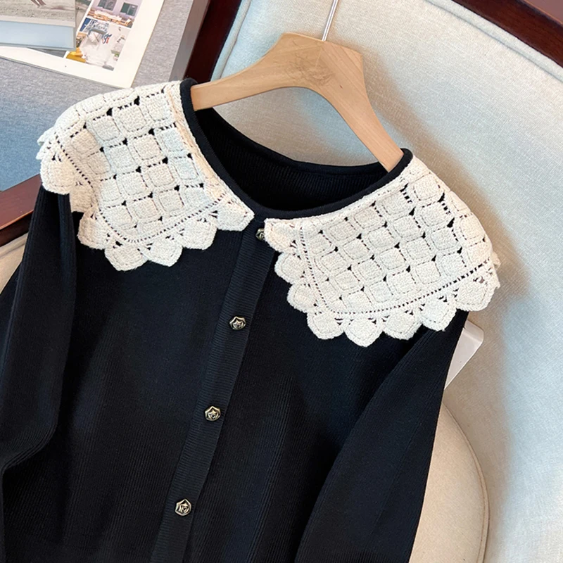 Women Red Knitted Woolen Lace Doll Collar Pullovers Autumn Winter Thick Warm Sweaters 2024 Black Korean Elegant Loose Sweaters