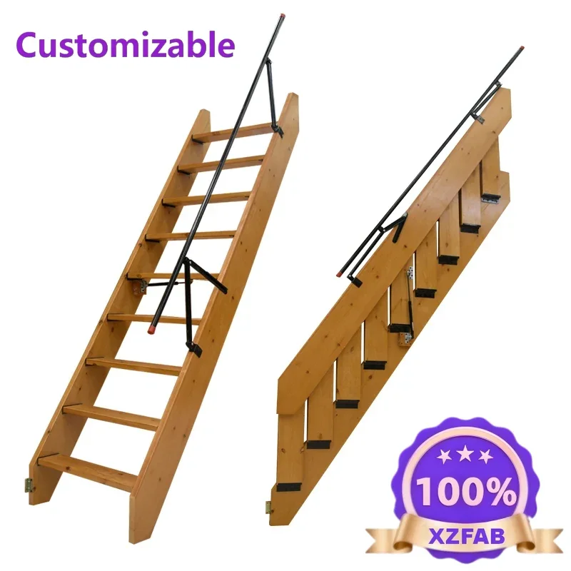Factory Direct 2026 Household solid wood wall folding stairs attic basement warehouse loft duplex steps easy to retract and put