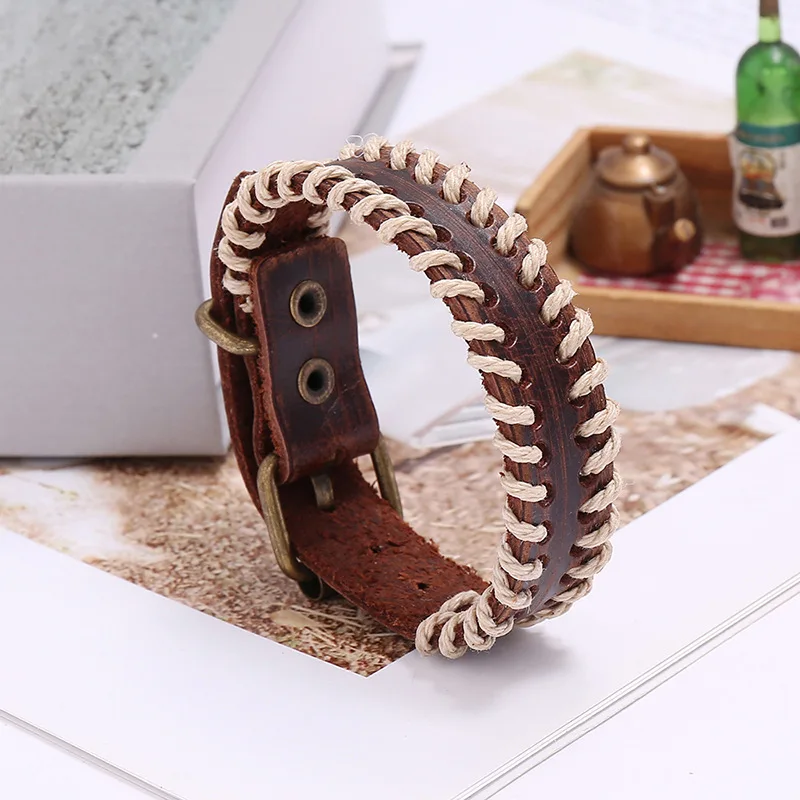 New Stitched Vintage Cowhide Weaving Wristband Adjustable Wrap Bracelets for Men Handmade Creativity Jewelry Festival Hombre