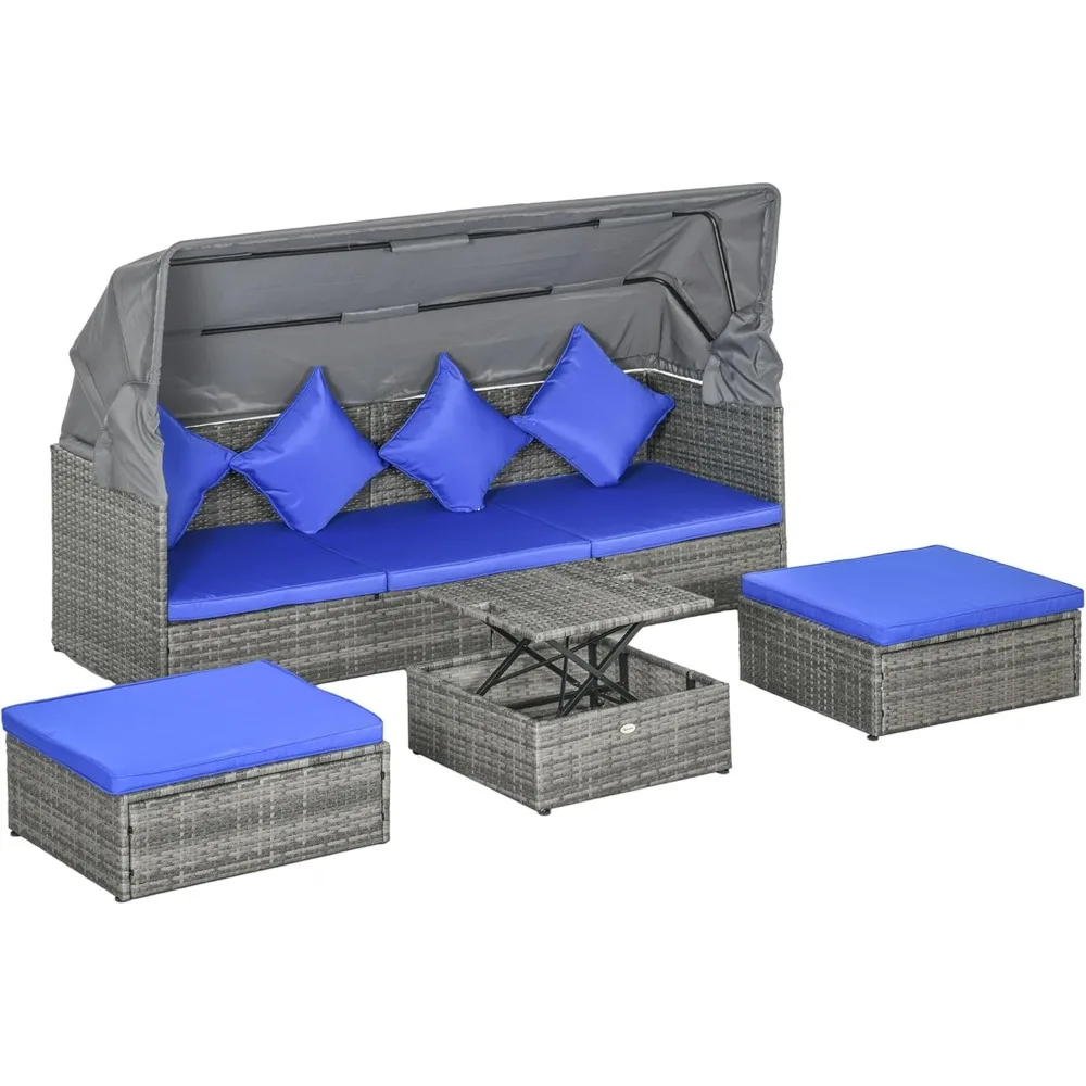 4 Piece Patio Furniture Set with Cushions,  Rattan Daybed with Retractable Canopy, Outdoor Sectional Sofa Set