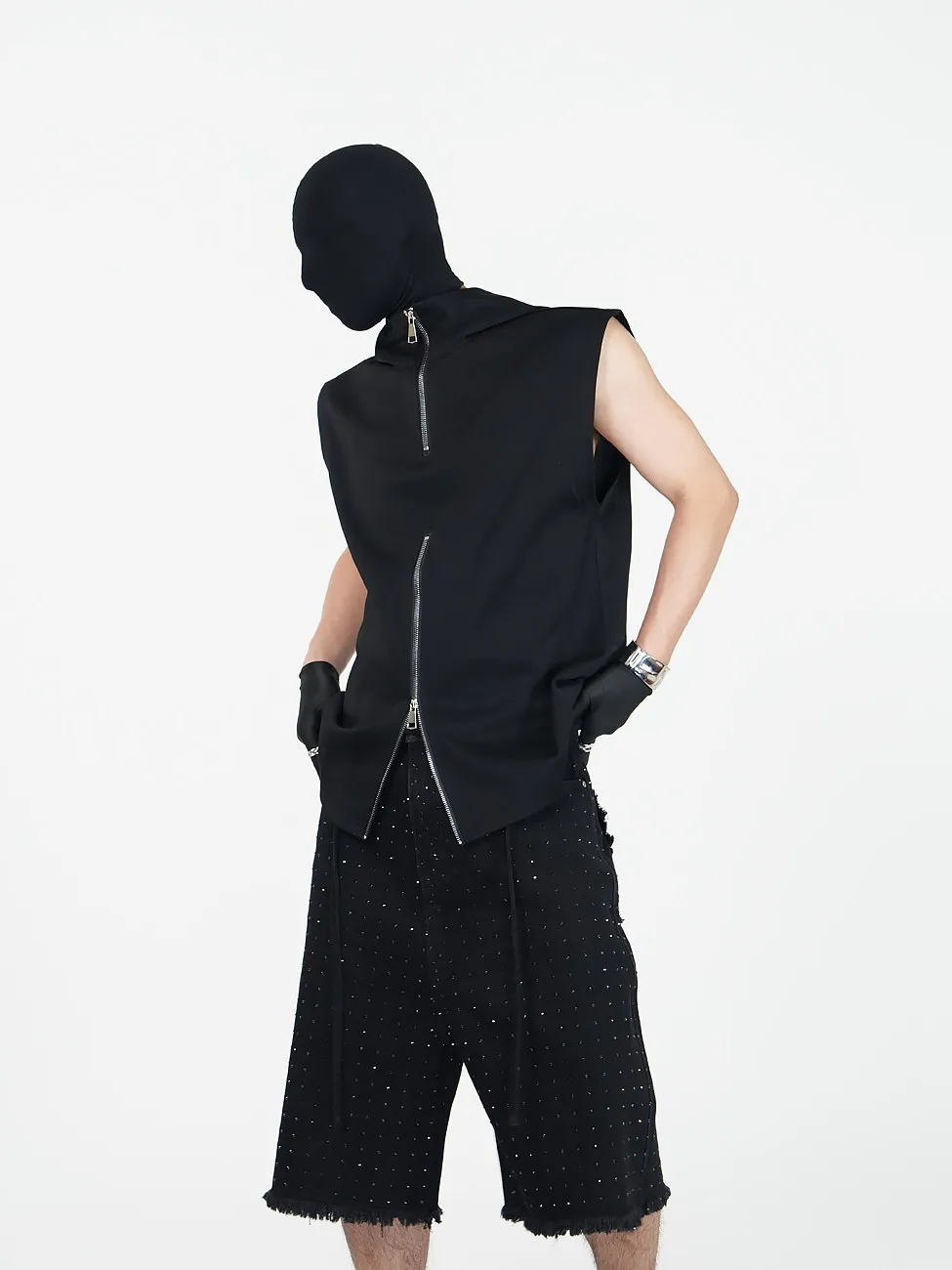 High Street Half Zip Sleeveless Hooded Dark Black Tanks Men's Summer Heavyweight Camisole Streetwear Tanks