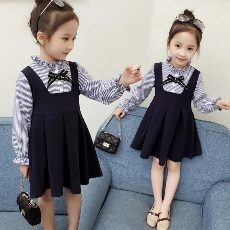 

Spring and Autumn New Style Girls' Long Sleeve Dress for Young Girls, Patchwork Fresh Fake Two-Piece Princess Dress