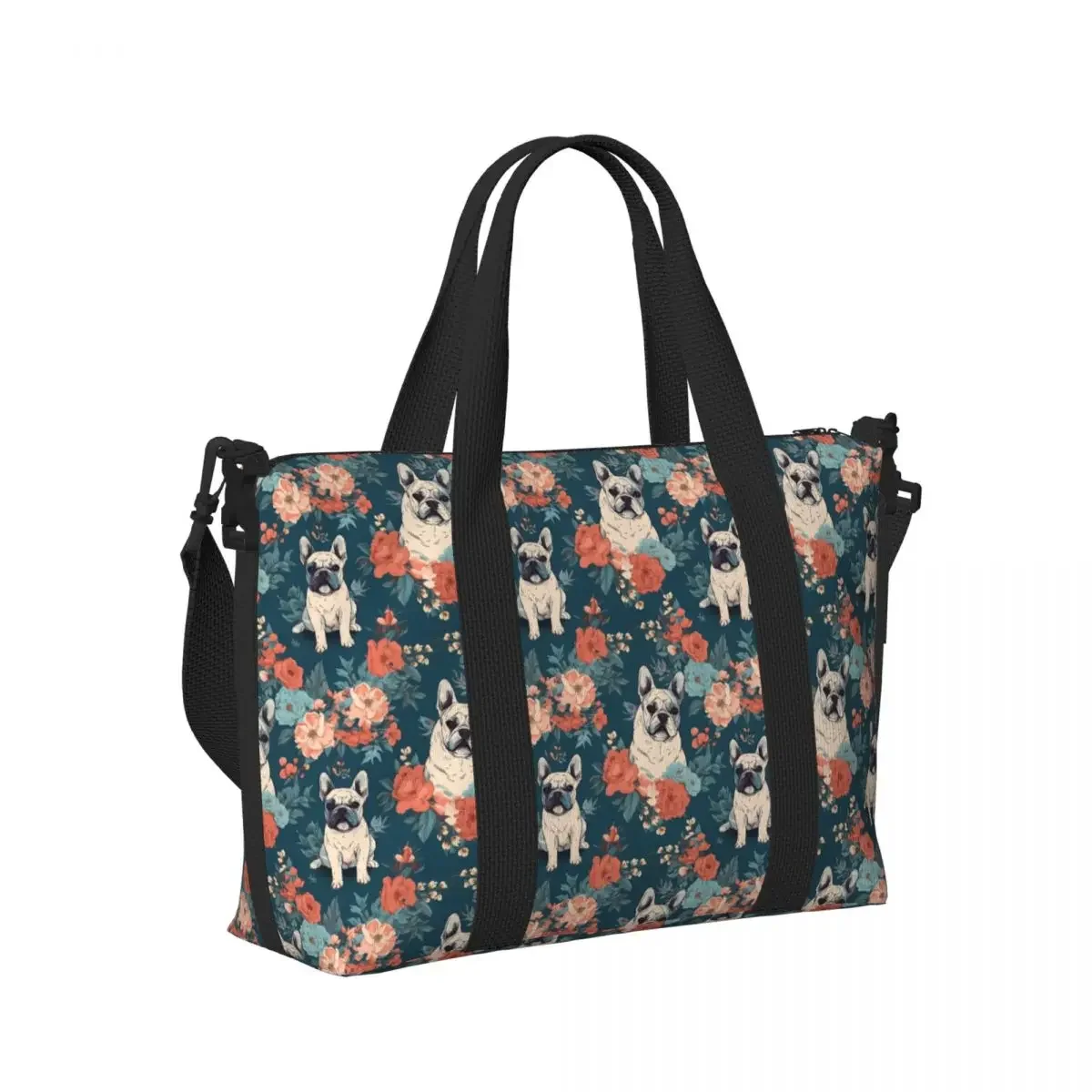 

French Bulldog Floral Print Beach Travel Bag Large Capacity Tote Bags for Gym Yoga Women Shopping Duffle Shoulder Bag