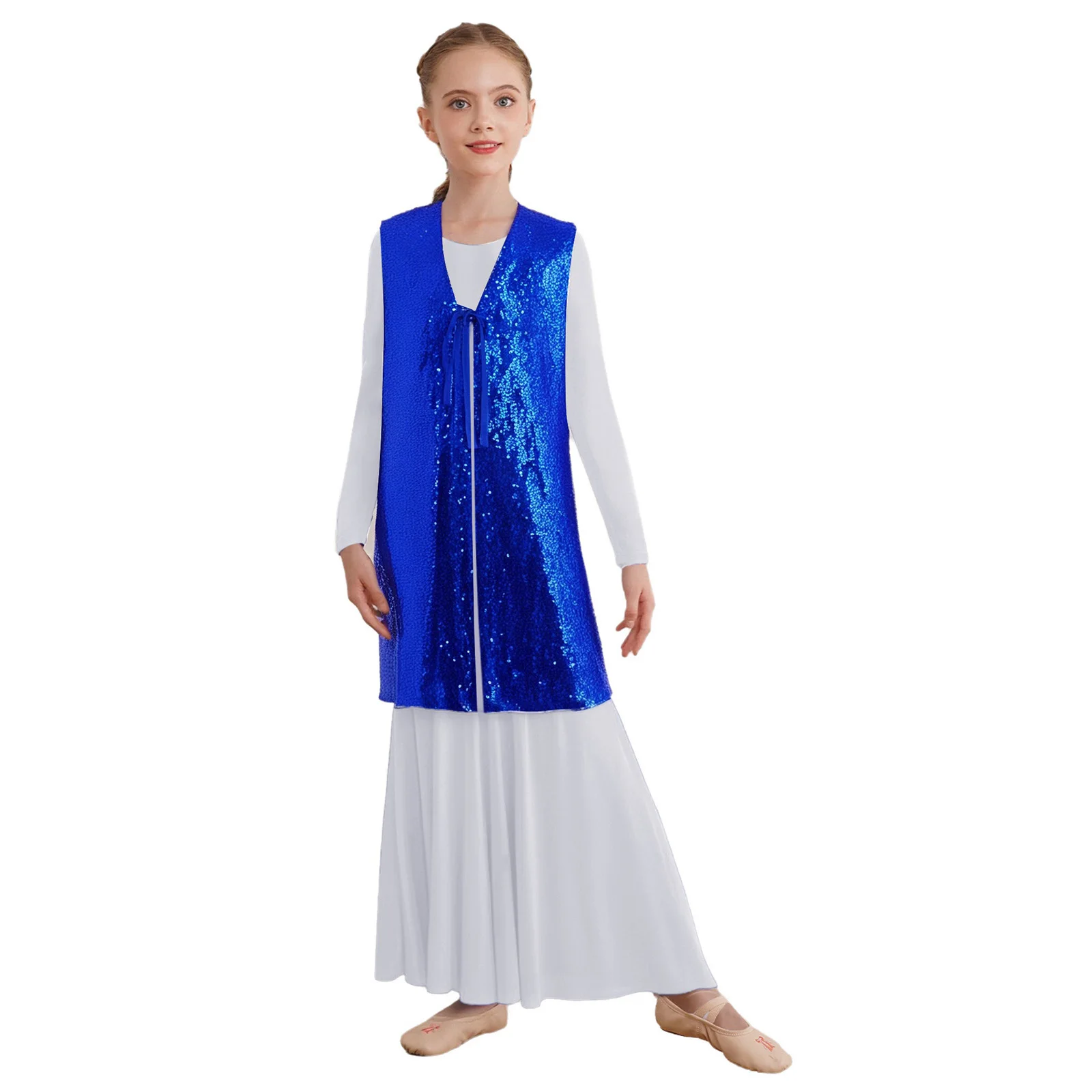 

Kids Girl Liturgical Praise Choir Modern Dance Outfit Self-Tie Sleeveless Shiny Tunic with Long Sleeve Rhinestone Maxi Dress