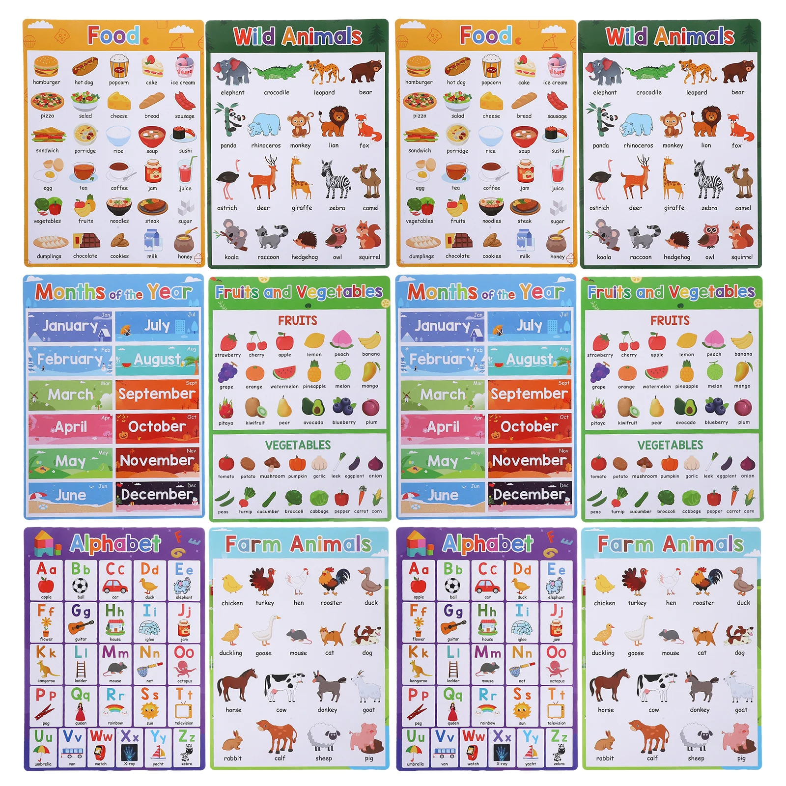 12 pezzi poster educativi per bambini alfabeto animali frutta mesi decorazioni per l'aula in età prescolare strumenti di apprendimento poster di apprendimento