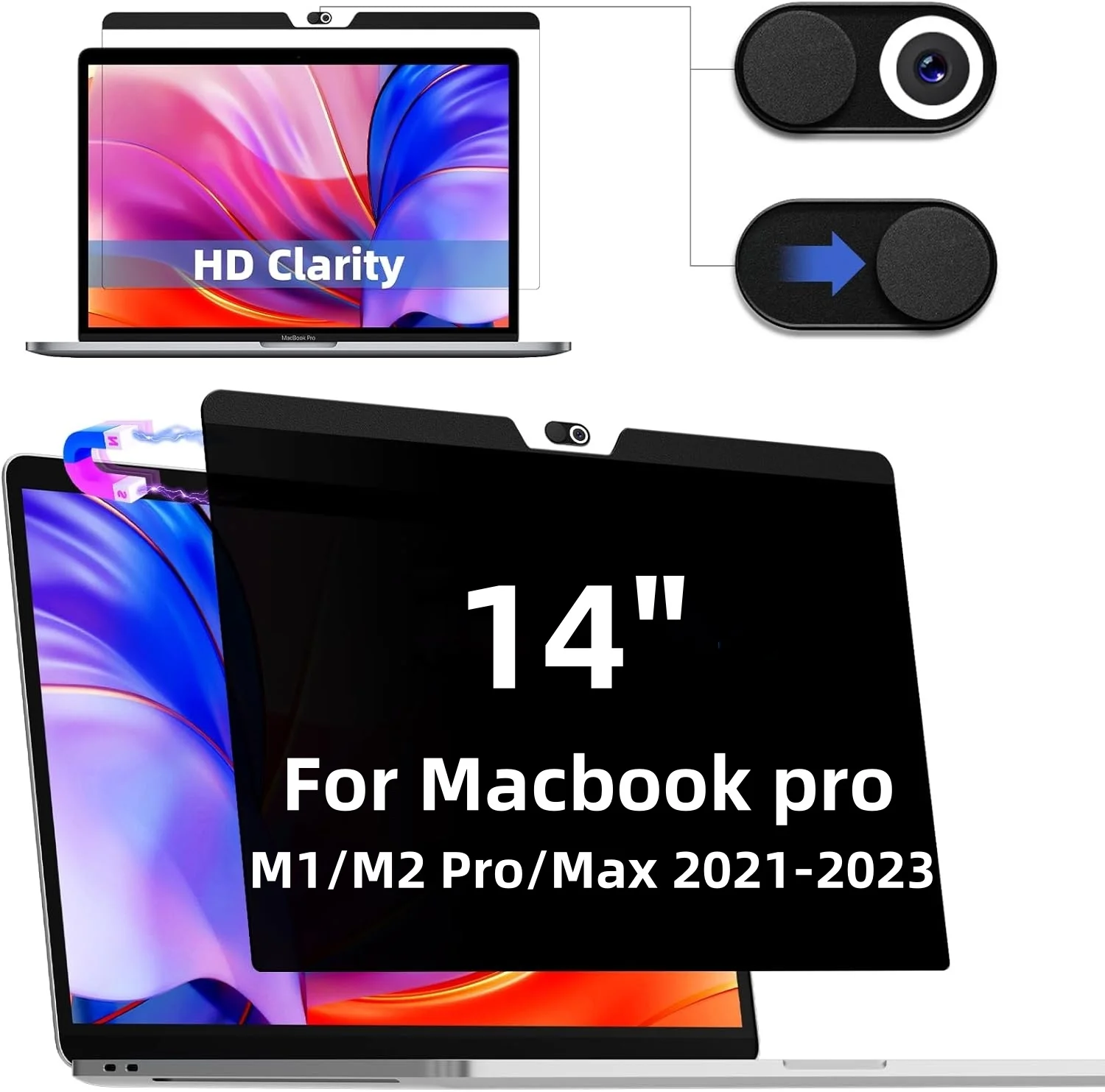 

Privacy screen protector for 14-inch MacBook Pro M1/M2/M3 models from 2021 to 2023. Anti glare blue light privacy filter