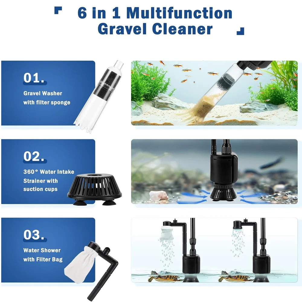 6 in 1 Electric Aquarium Gravel Cleaner Automatic Gravel Vacuum Cleaner Fish Tank Cleaning Tools for Change Water Wash Sand 30W