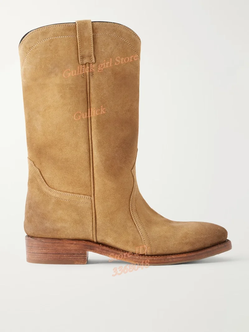 Suede Brown Western Cowgirl Boots Block Middle Heel Round Toe Slip On Handmade 2026 Winter Trending Women Shoes Slouchy Style