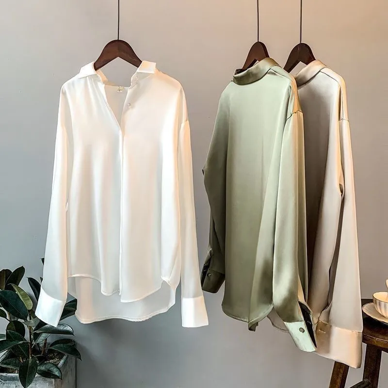 Silk Korean Office Ladies Elegant Shirt Blouse Women Fashion Button Up Satin Shirt Vintage White Long Sleeve Shirts Tops 5XL 6XL