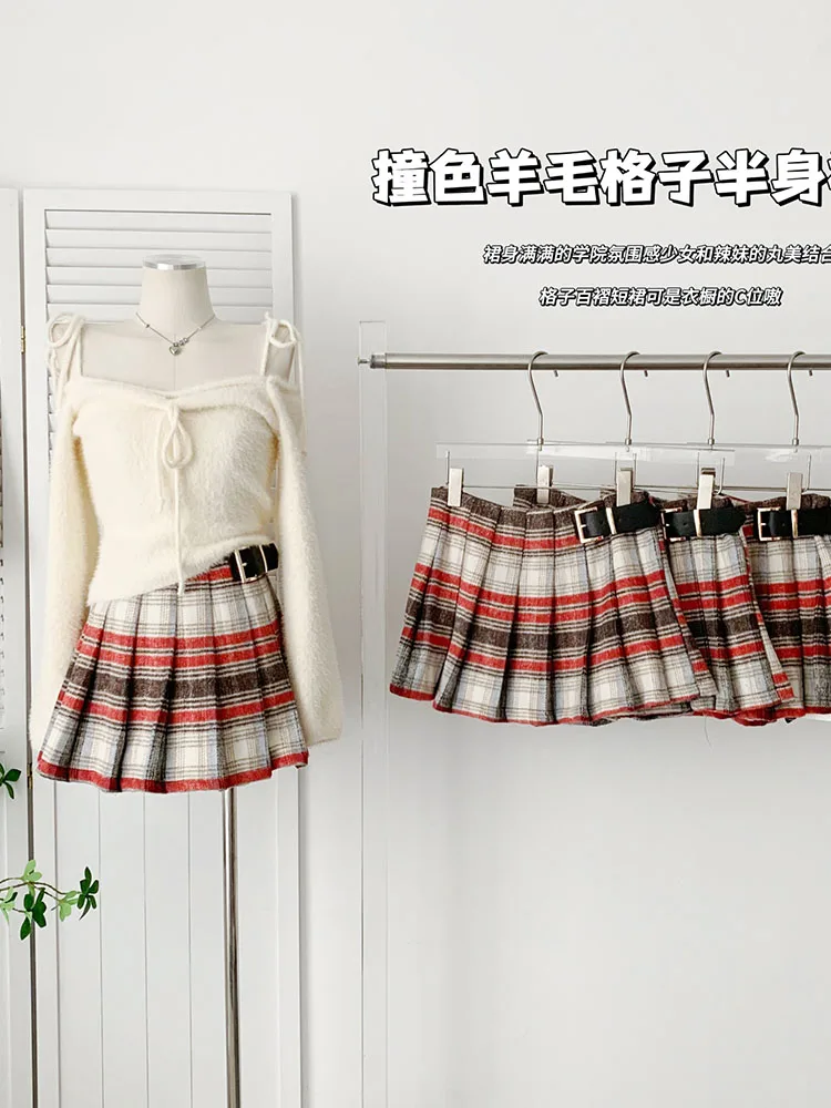 

Japanese Preppy Style Plaid Skirt Students Pleated Skirt High Waist A-Line Skirt Adjustable With Belt Christmas Streetwear Tide