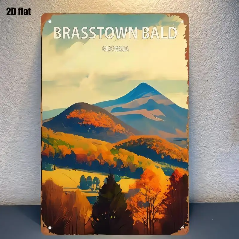 2D Flat Brasstown Bald Georgia Vintage Metal Tin Sign - Retro Wall Art, Vibrant Autumn Mountains, Iron, Home/Cabin/Cafe Decor, R