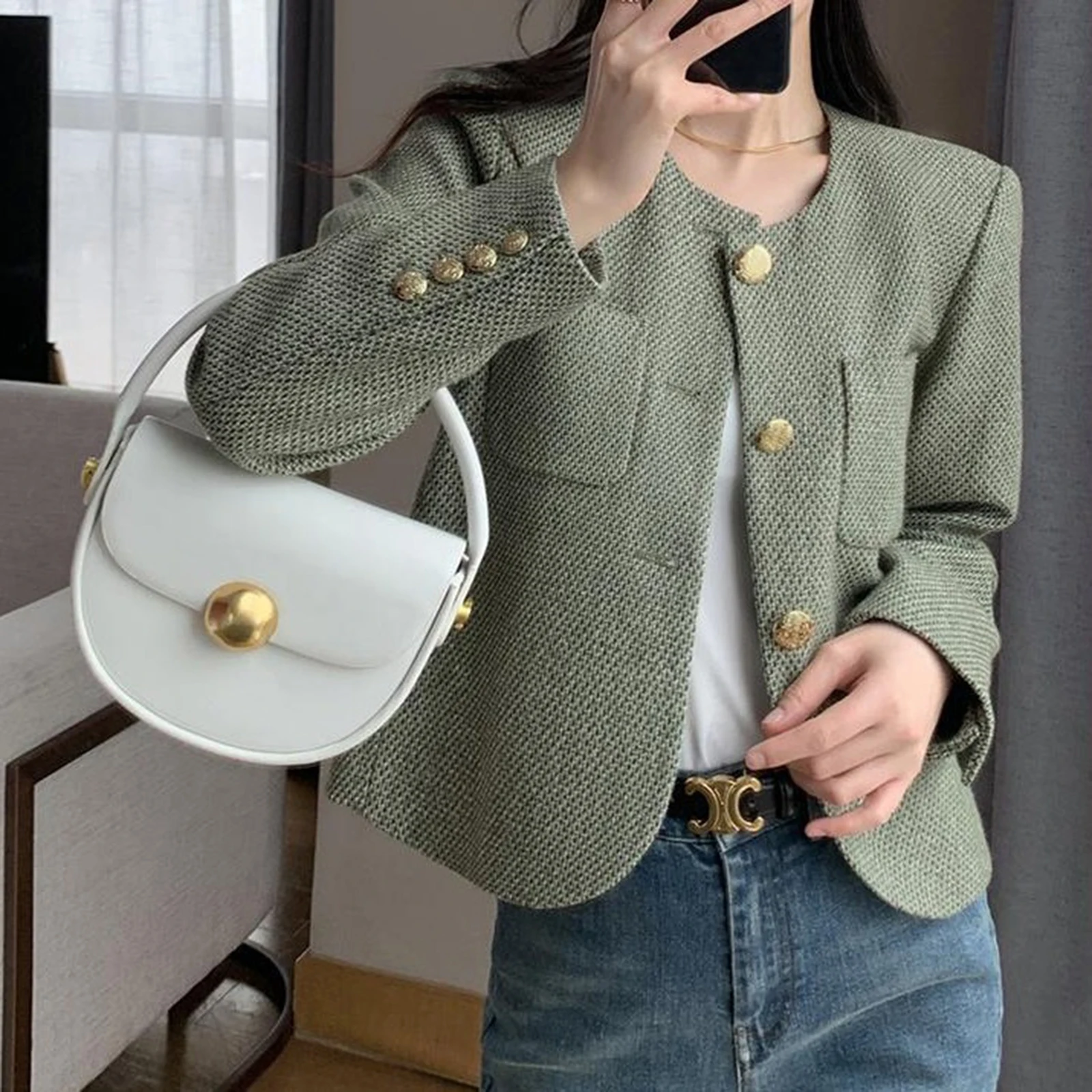 Women's Round Neck Blazer Jacket for Spring and Autumn Trendy Single Breasted Cropped Coat Small Fragrance Green Suit Outerwear