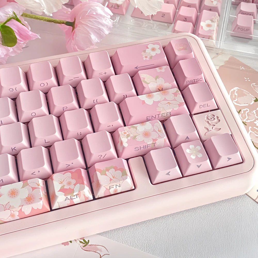 Pink Cherry Blossom Keycaps, transmissão de luz, gravação lateral, sublimação, teclado mecânico, keycaps gradiente, 14 chaves