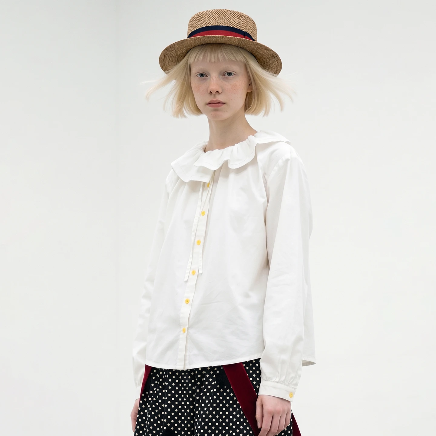 

imakokoni 2026 Spring French Art Versatile Casual Lotus Leaf Collar Long Sleeve Top White Shirt Female 265394