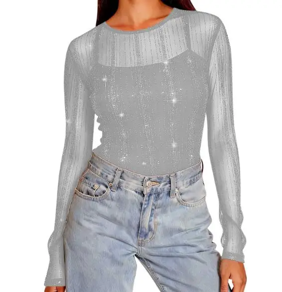 

Women's High Neck Long Sleeve Shirt Beaded Bottom with Transparent Inner Top Fashion Spring Autumn New Style